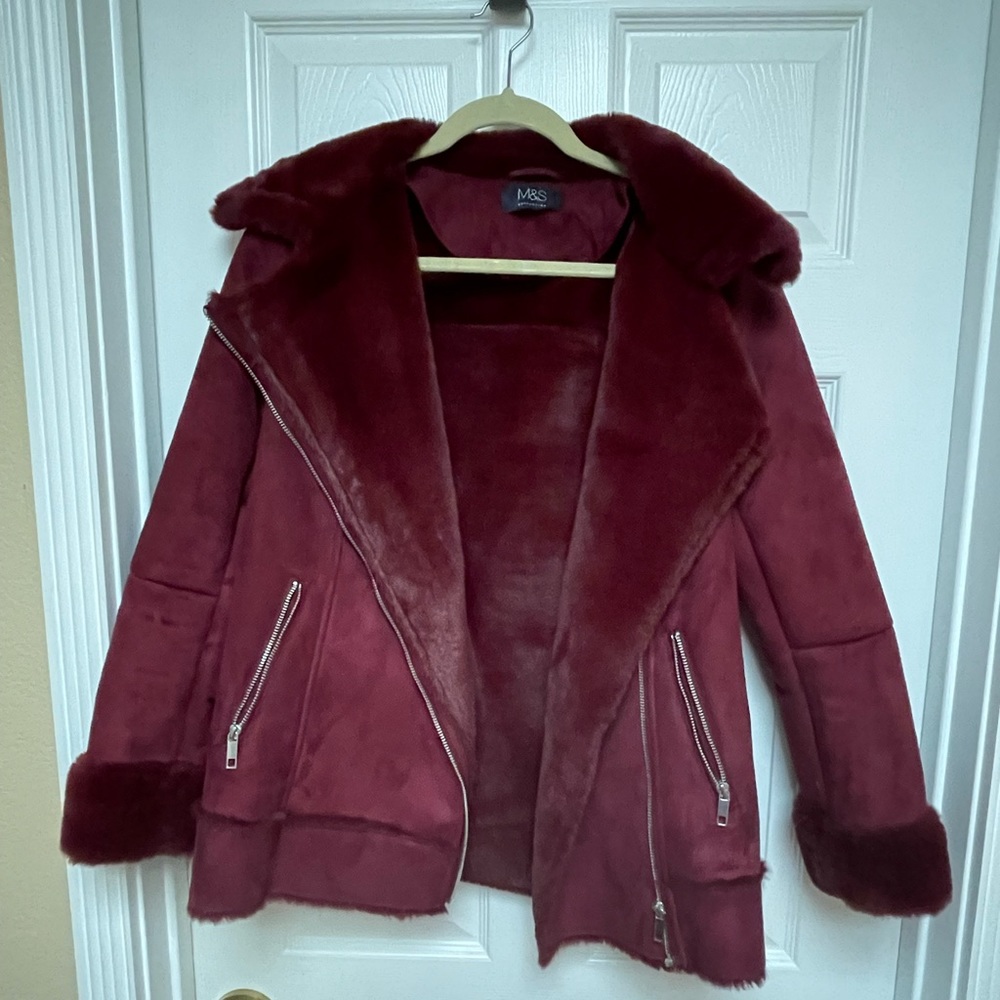 Burgundy Coat with Faux Fur Trim